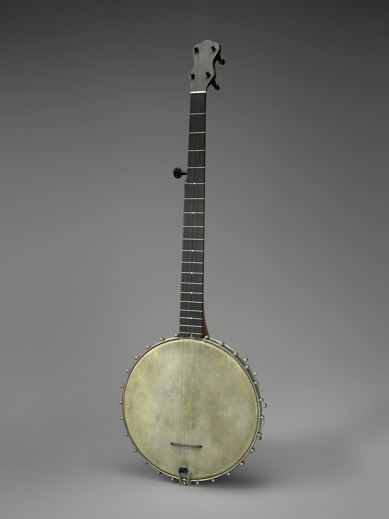 Five-string banjo with a long dark fretboard, a short fifth-string tuning peg partway up the neck, a nickel-plated rim with hooks and a pale calfskin-style head, standing on a grey studio backdrop.
