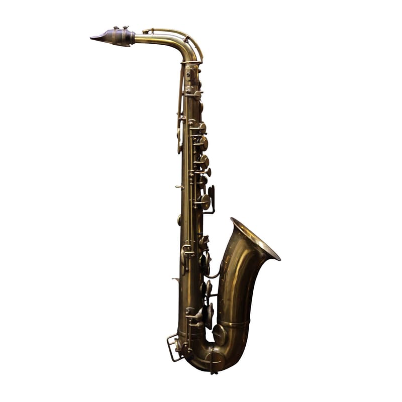 An alto saxophone in lacquer-worn brass with a dark mouthpiece, curved neck, rows of keys and a wide upturned bell, photographed against a white background.