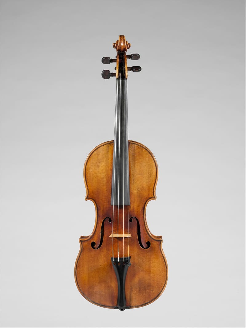 Front view of a varnished golden-brown violin with two f-holes, an ebony tailpiece and fingerboard and four strings, photographed upright against a soft grey background.