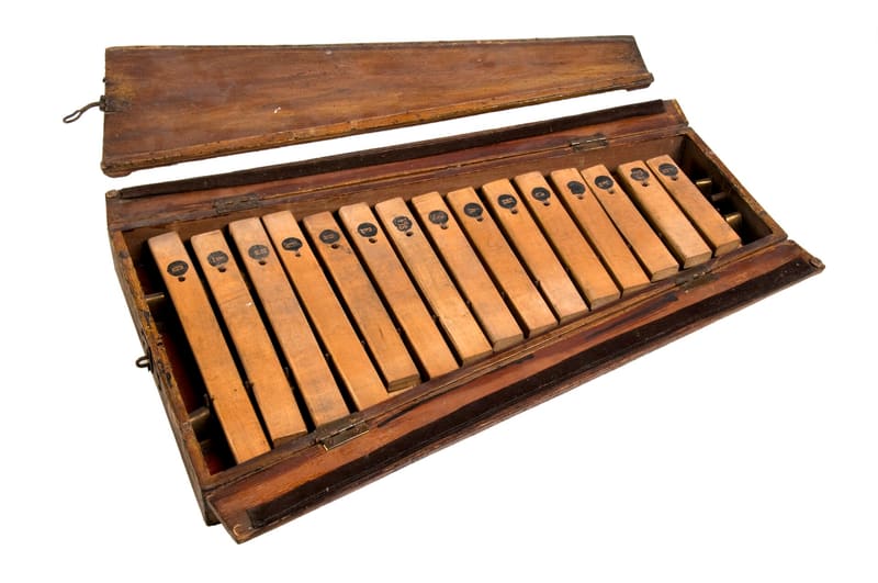 An old wooden xylophone with rows of pale maple bars stamped with note letters, laid in an open wooden case with its lid beside it, on a white background.
